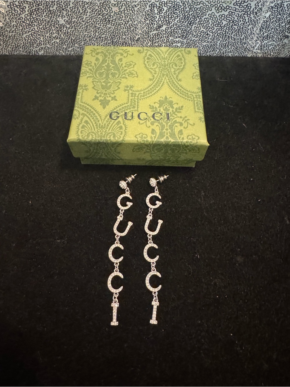Gucci Crystal Logo Drop Earrings - Silver